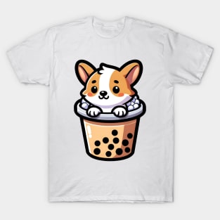 Cheerful Corgi in Boba Tea - Cute Puppy Cartoon Illustration T-Shirt